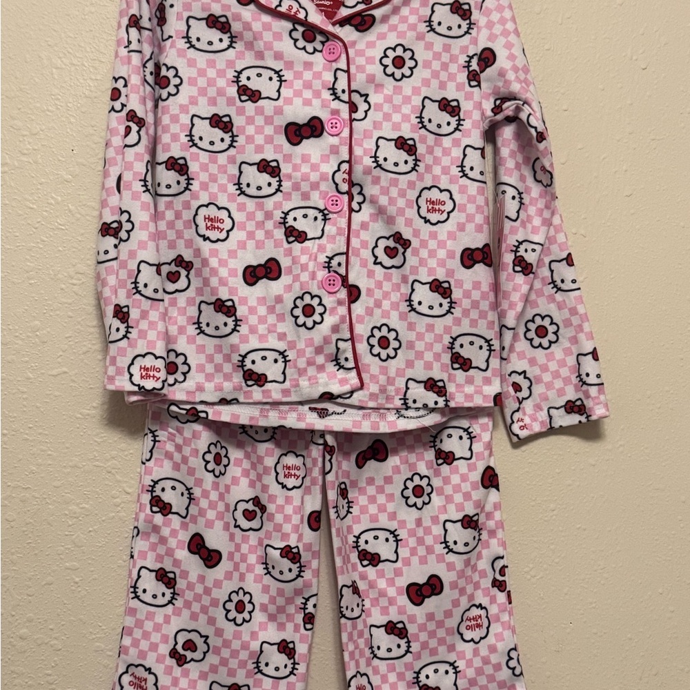 Girls Hello Kitty Pink and White Check Pajama Set with Bows